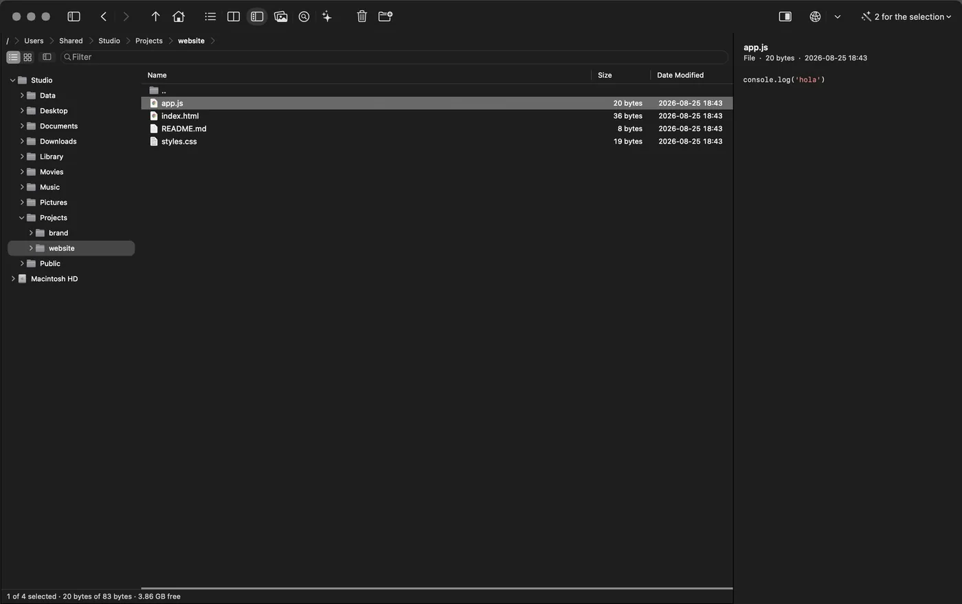 Code preview: on the left the files of a web project, on the right app.js with syntax coloring — keywords, strings, numbers and comments in different colors.