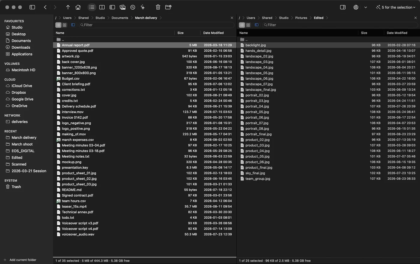 The window with its two panels: on the left the folder “March delivery” with thirty-five files, on the right “Edited”.