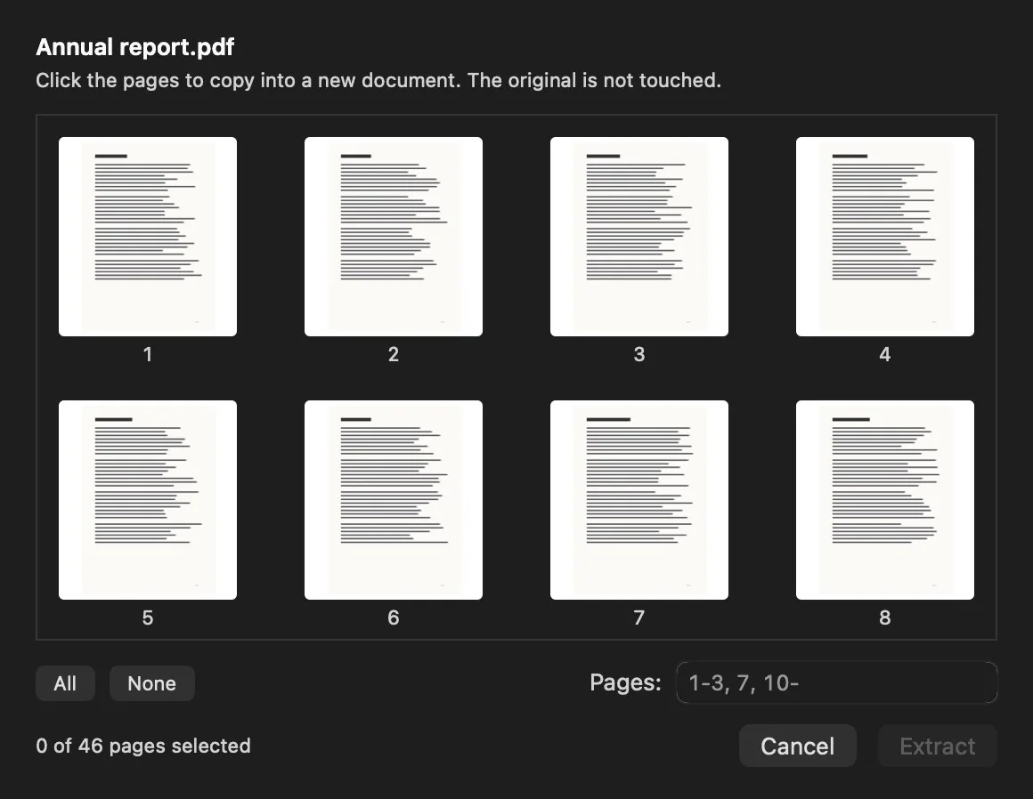 Extract pages dialog: the grid of the document's pages to pick them with the mouse, the range field with «1-3, 7, 10-» and the counter «0 of 46 pages selected».