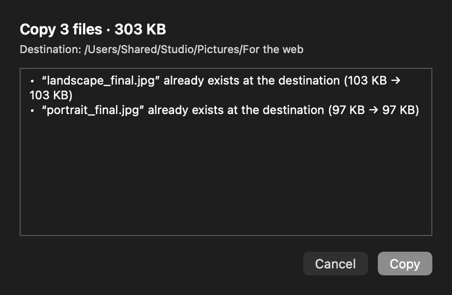It tells you what is about to happen. How many files, how much they weigh and what gets overwritten — before a byte is touched.