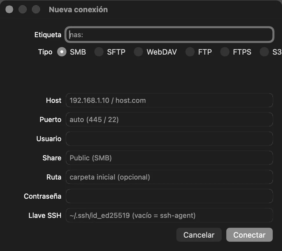 Diálogo Nueva conexión con etiqueta, tipo SMB, SFTP, WebDAV, FTP, FTPS o S3, host, puerto, usuario, share, ruta inicial, contraseña y llave SSH.