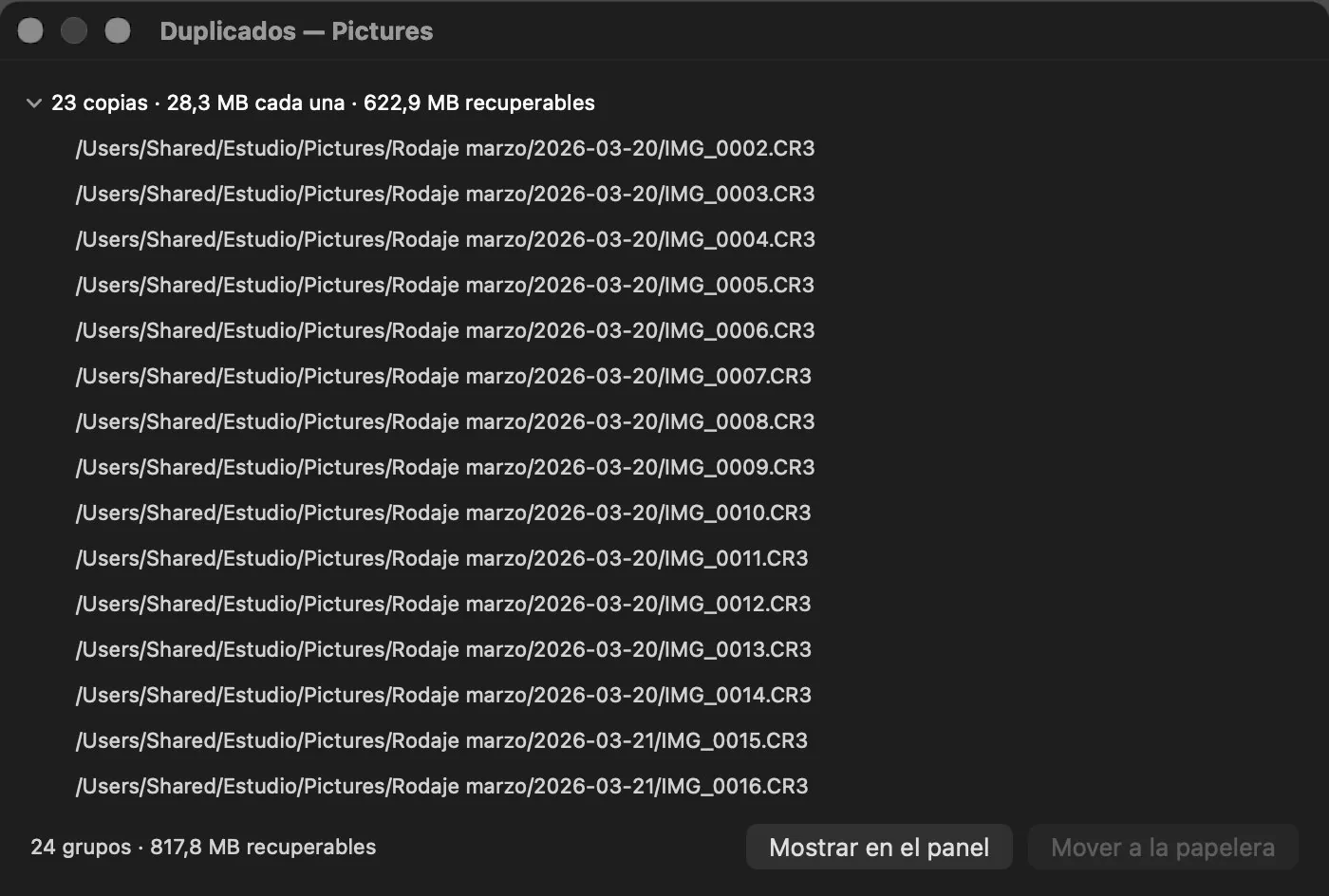 Duplicados: los grupos de archivos idénticos con su tamaño y sus rutas completas, y el total de espacio recuperable.