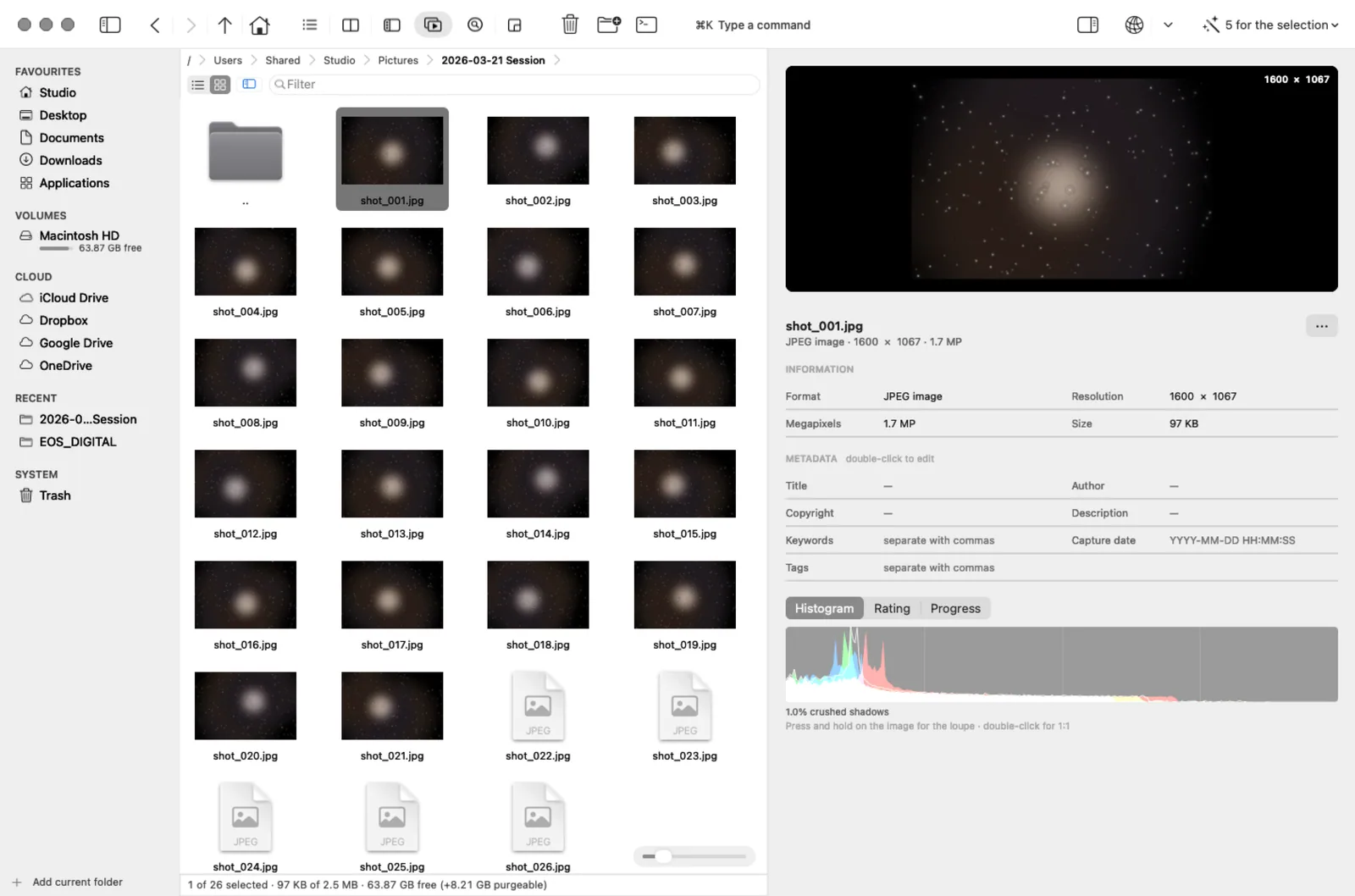 The material lands sorted by capture date.
