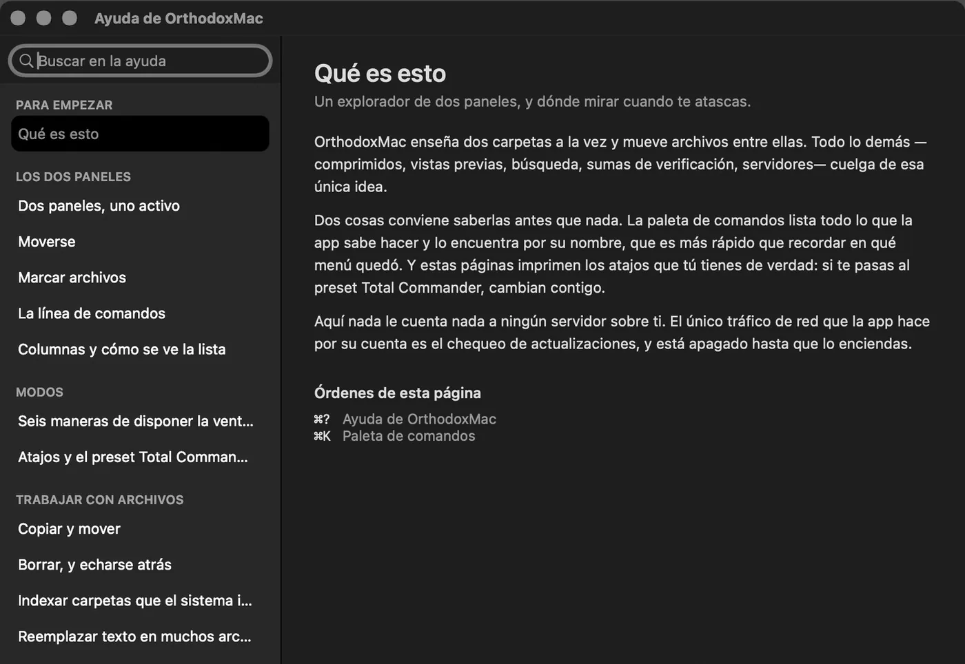 Ventana de ayuda: capítulos a la izquierda —Para empezar, Los dos paneles, Modos, Trabajar con archivos—, un campo de búsqueda arriba y, a la derecha, la página «Moverse» explicando la barra de ruta, el árbol y la carpeta de inicio.