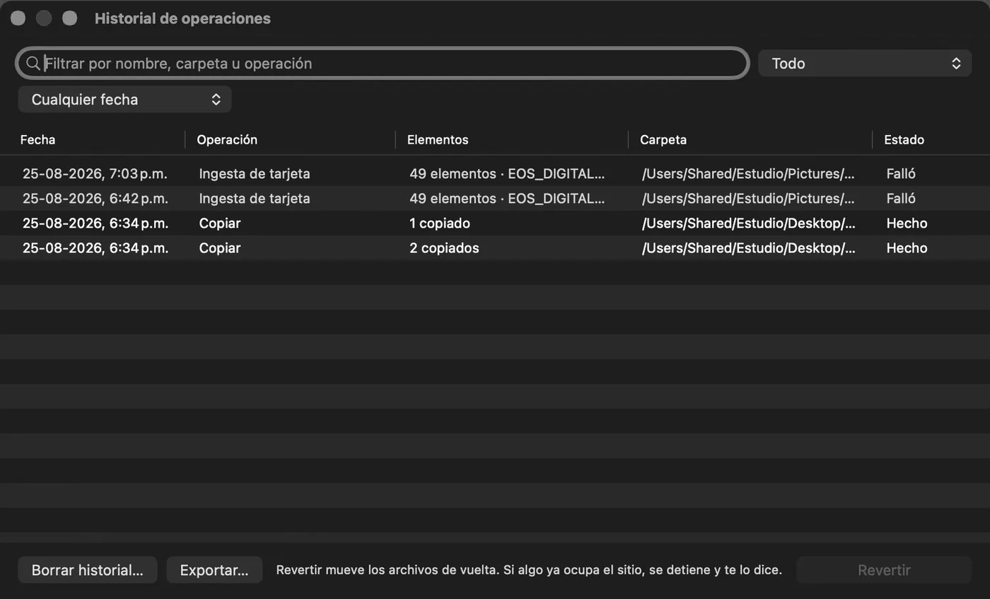 Todo queda anotado. Cada operación con su hora y su resultado, y ⌘Z para deshacerla.