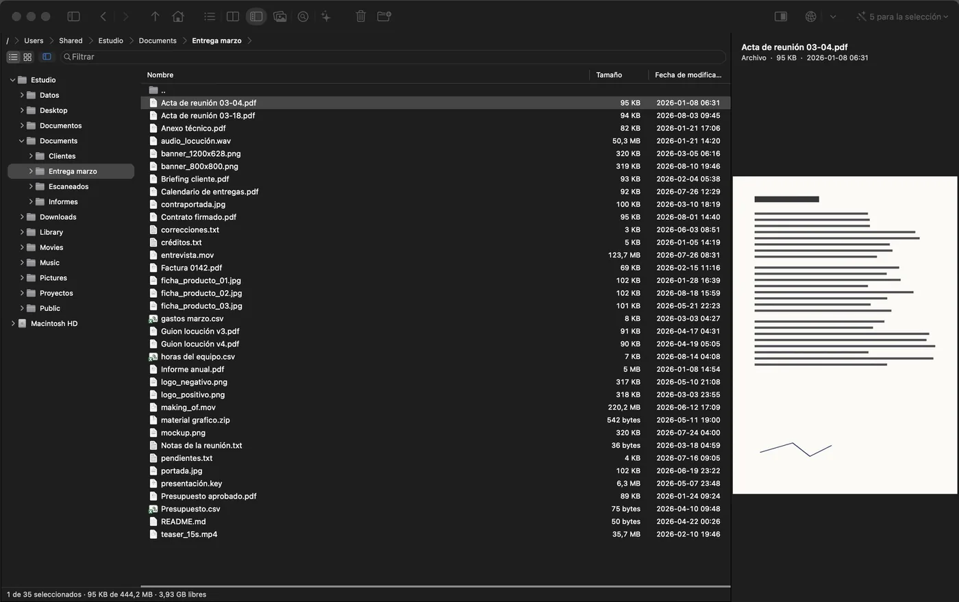Modo Explorar: un solo panel con la lista de una carpeta y, a la derecha, la primera página del PDF seleccionado.
