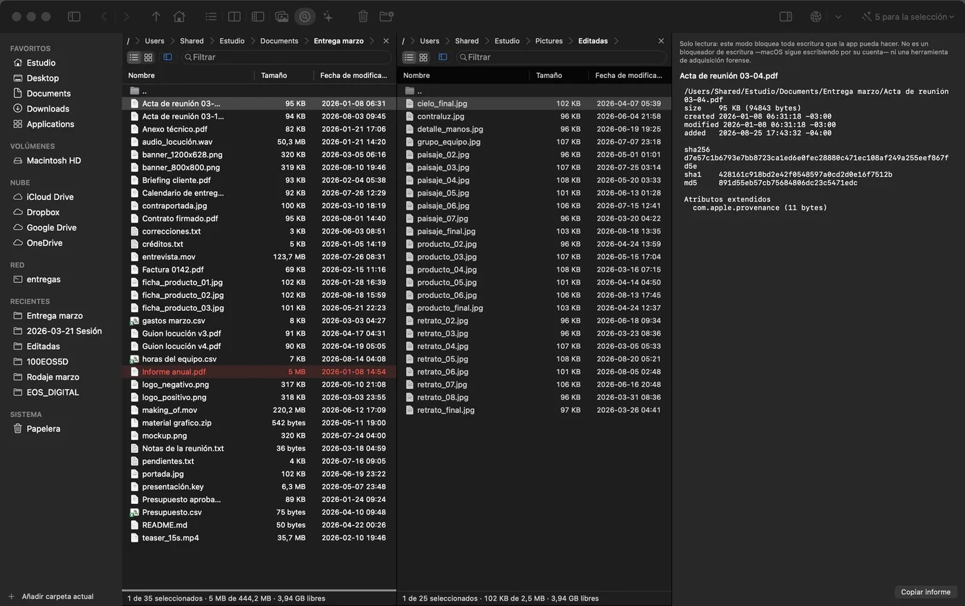 Modo Inspección: los dos paneles y, a la derecha, el informe del archivo con sus digests, sus fechas y sus atributos extendidos.