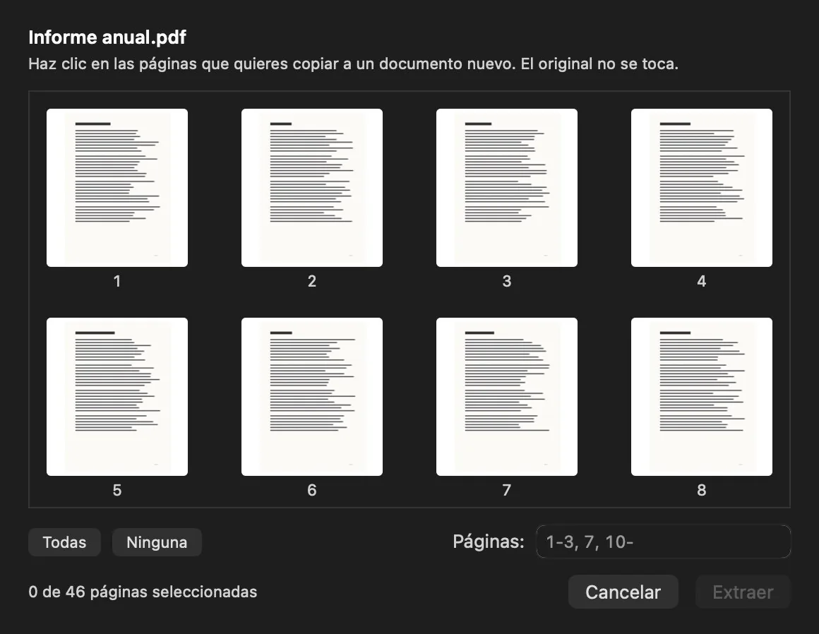 Diálogo Extraer páginas: la rejilla de páginas del documento para elegirlas con el ratón, el campo de rangos con «1-3, 7, 10-» y el contador «0 de 46 páginas seleccionadas».
