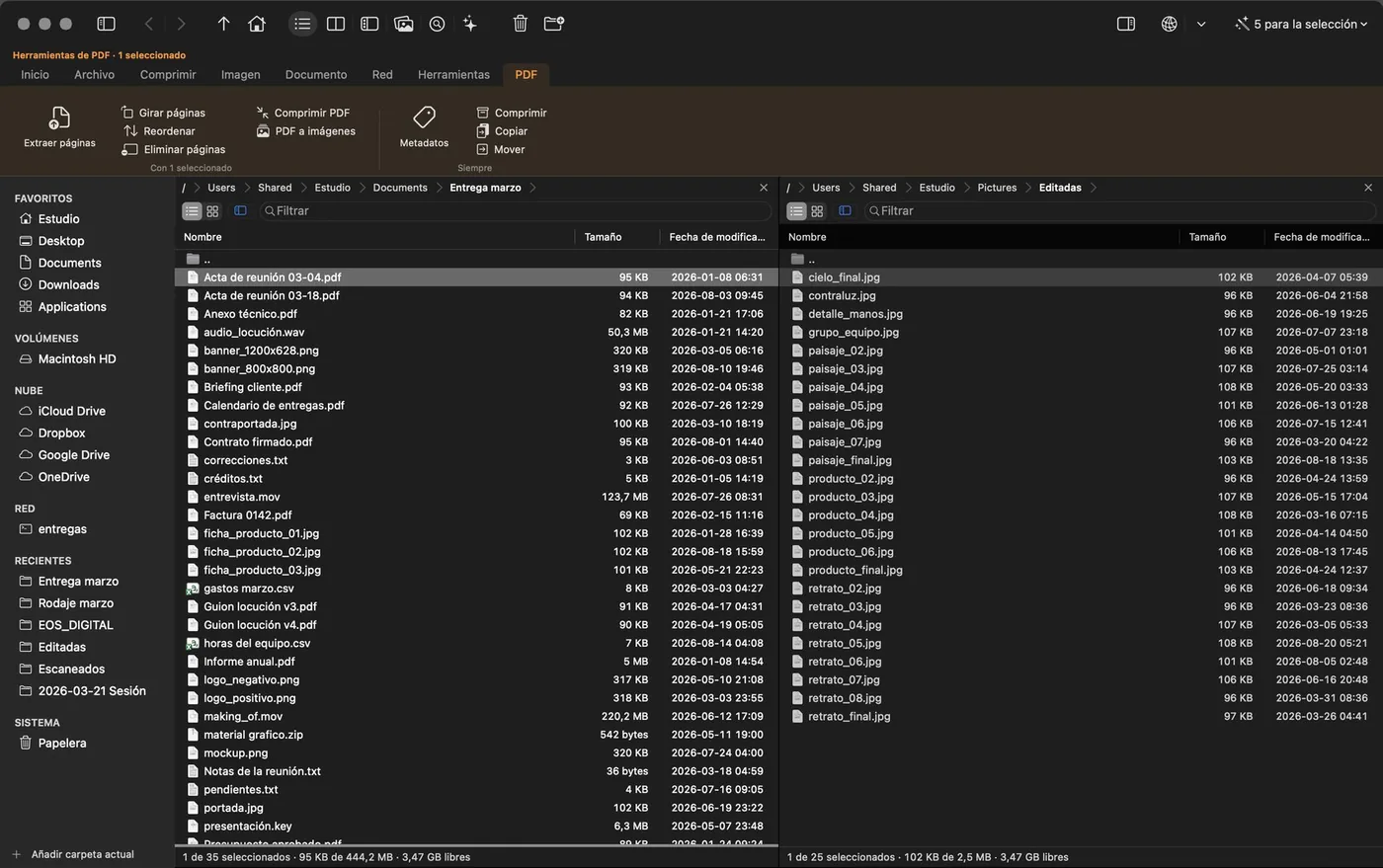 OrthodoxMac con la barra de acciones encendida: pestañas Inicio, Archivo, Comprimir, Imagen, Documento, Red y Herramientas, y debajo los comandos agrupados en Ir, Ver y Modo.