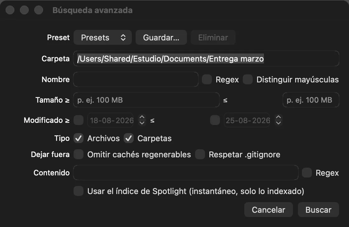 Búsqueda avanzada: carpeta, nombre con regex y distinción de mayúsculas, rango de tamaño, rango de fechas, tipo, contenido, casillas para omitir cachés y respetar .gitignore, y la opción de usar el índice de Spotlight.