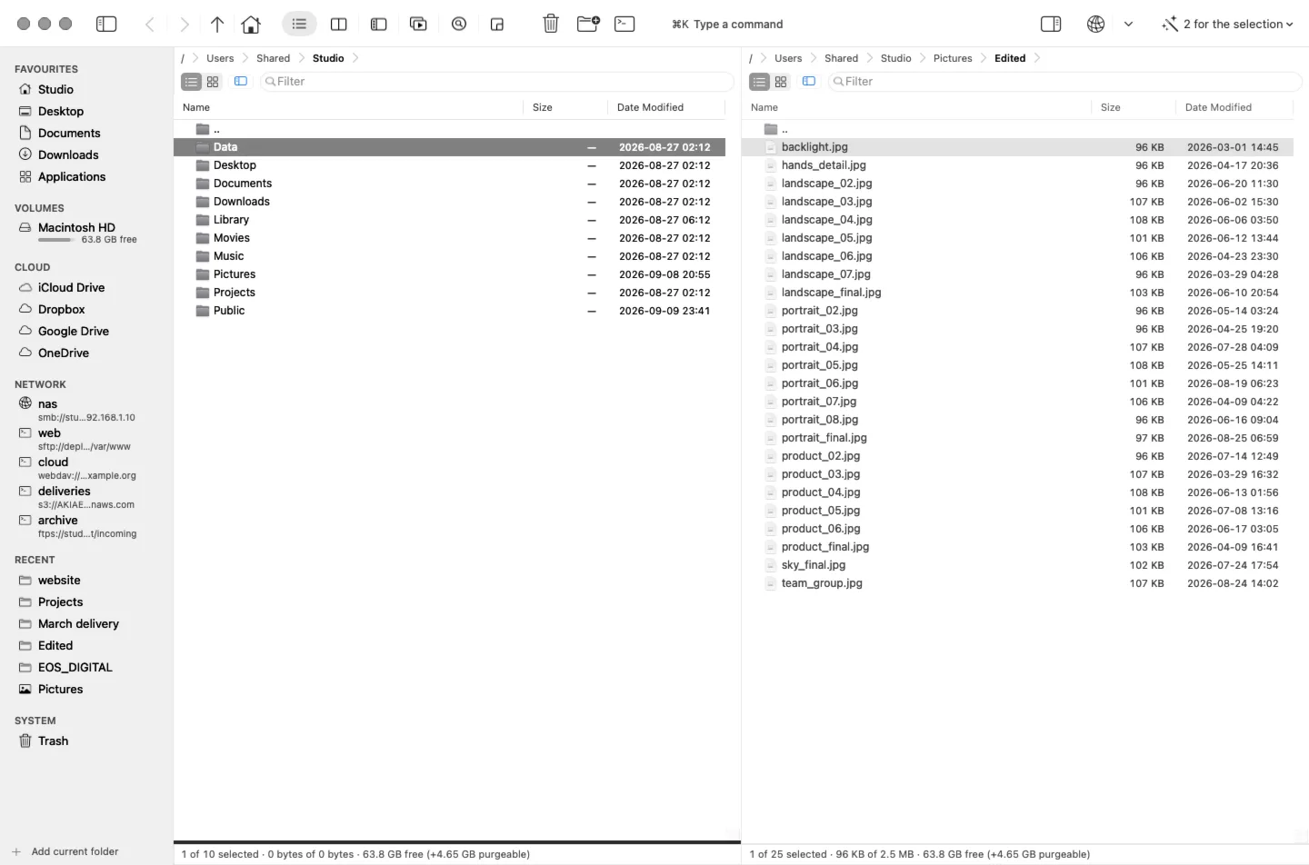 OrthodoxMac in Files mode: sidebar and two list panels