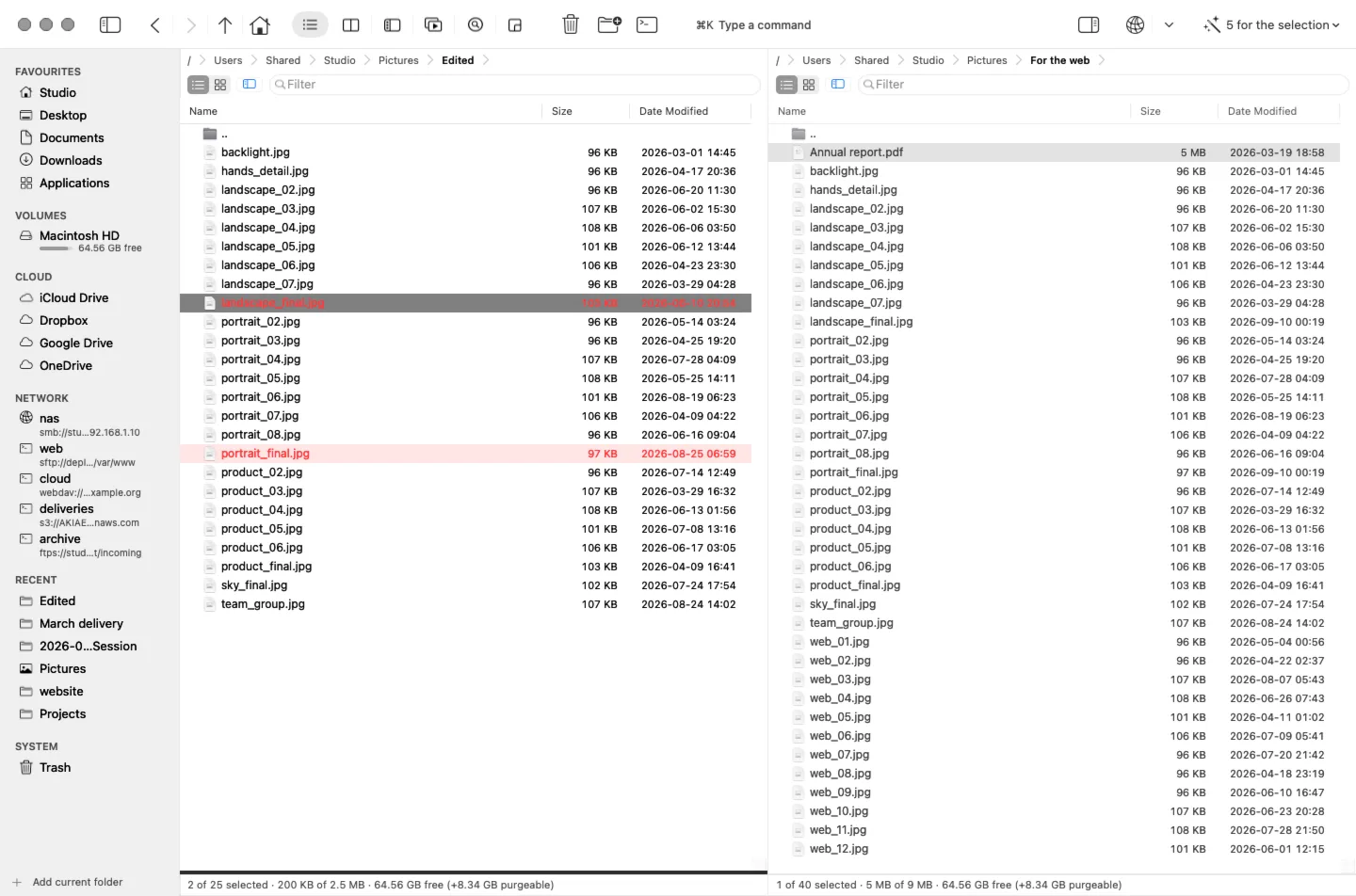 Two files marked in the left pane; the right pane is the destination