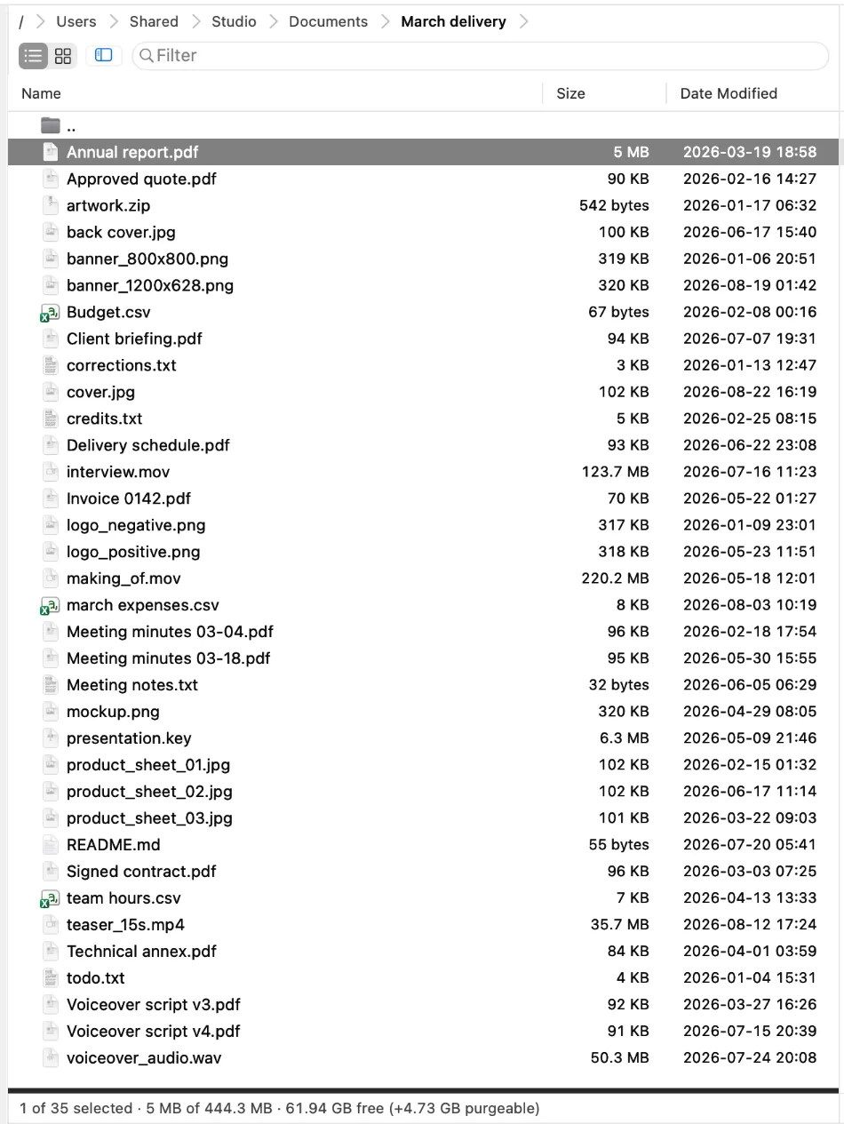 The folder March delivery, 35 files, no filter