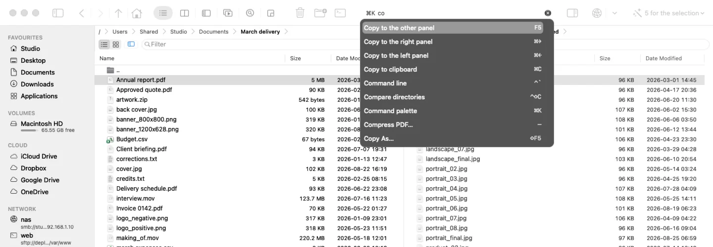 The command palette open in the toolbar, filtered to co