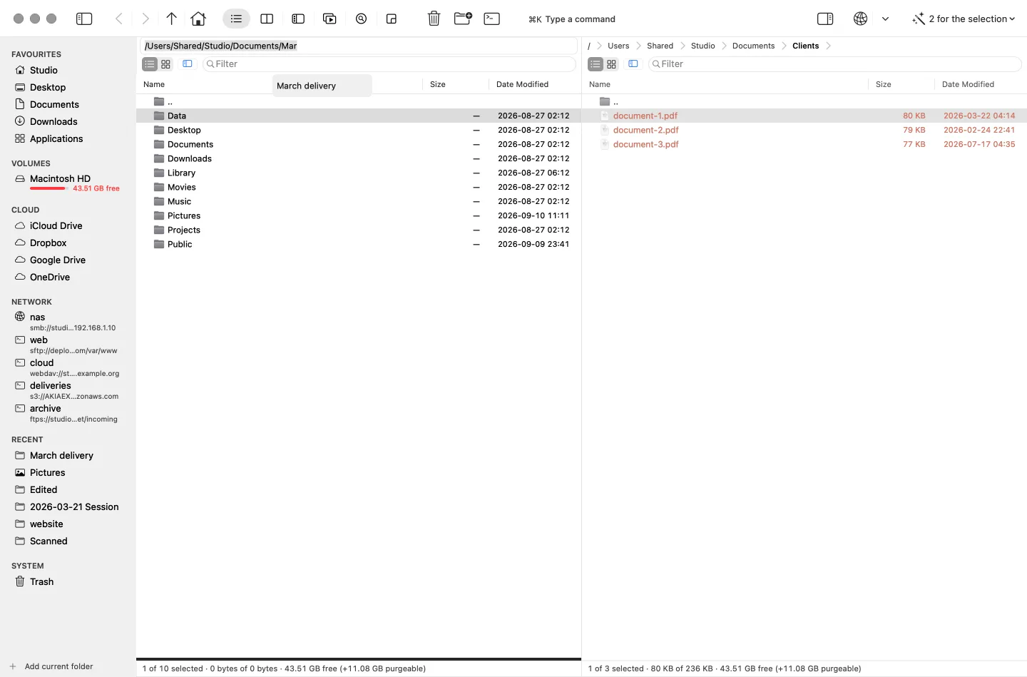 OrthodoxMac with two panes; the path bar is an editable field suggesting March delivery